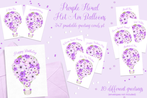 Embrace Elegance with the Purple Floral Hot Air Balloons Cards Set
