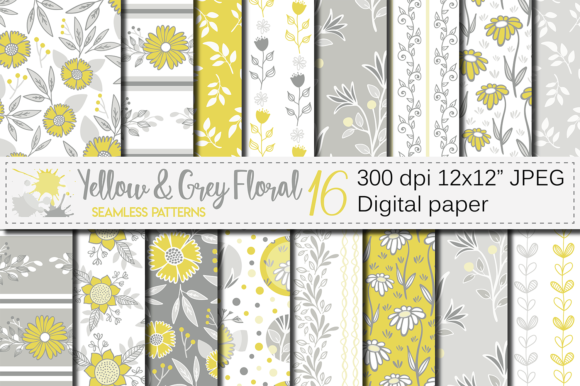 Yellow and Gray Floral Seamless Patterns