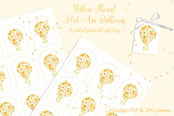 Yellow Floral Hot Air Balloons Tags Set